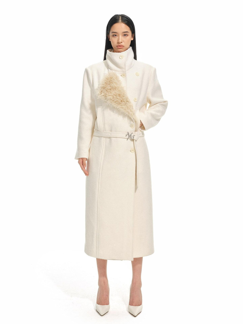 NAWSNOTAWEAR Warm Thick Long Lapel Commuter Women 60 Wool 40 Mica White Wool Coats