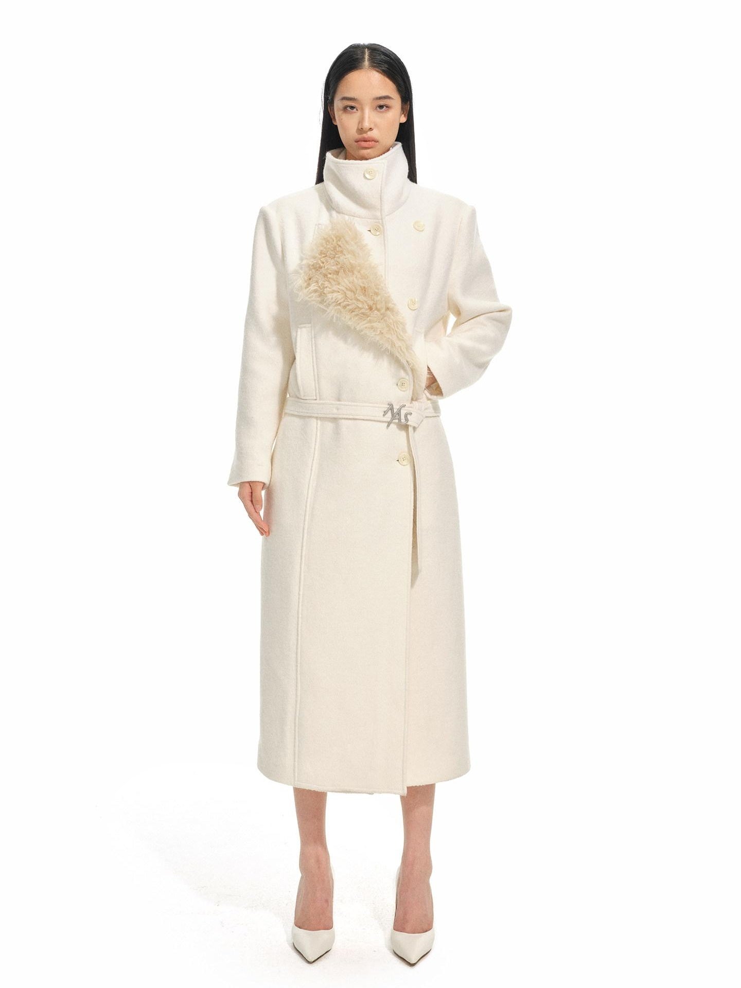 NAWSNOTAWEAR Warm Thick Long Lapel Commuter Women 60 Wool 40 Mica White Wool Coats