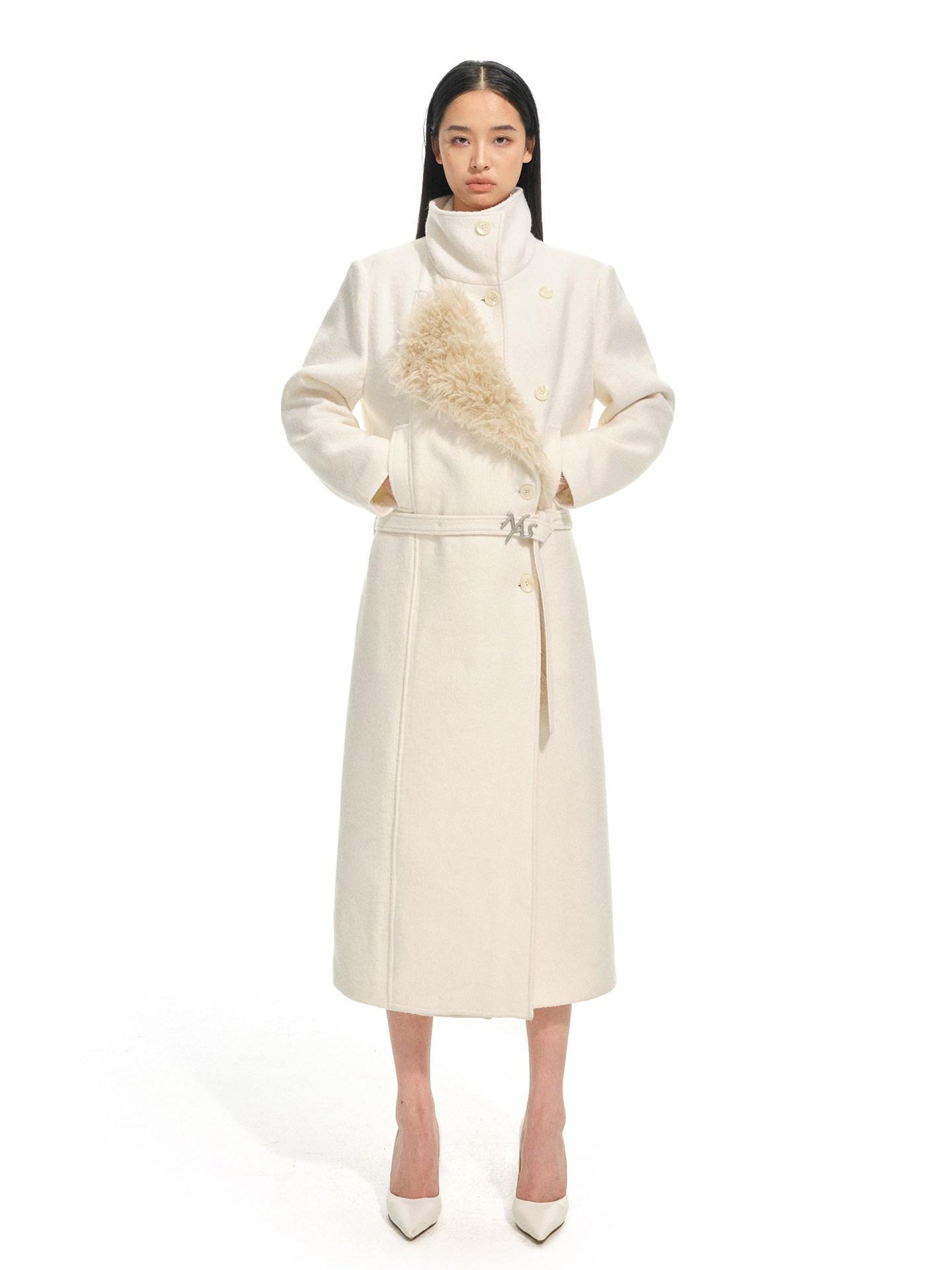 NAWSNOTAWEAR Warm Thick Long Lapel Commuter Women 60 Wool 40 Mica White Wool Coats
