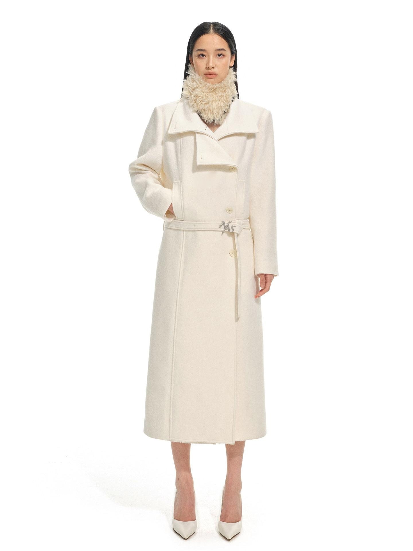 NAWSNOTAWEAR Warm Thick Long Lapel Commuter Women 60 Wool 40 Mica White Wool Coats