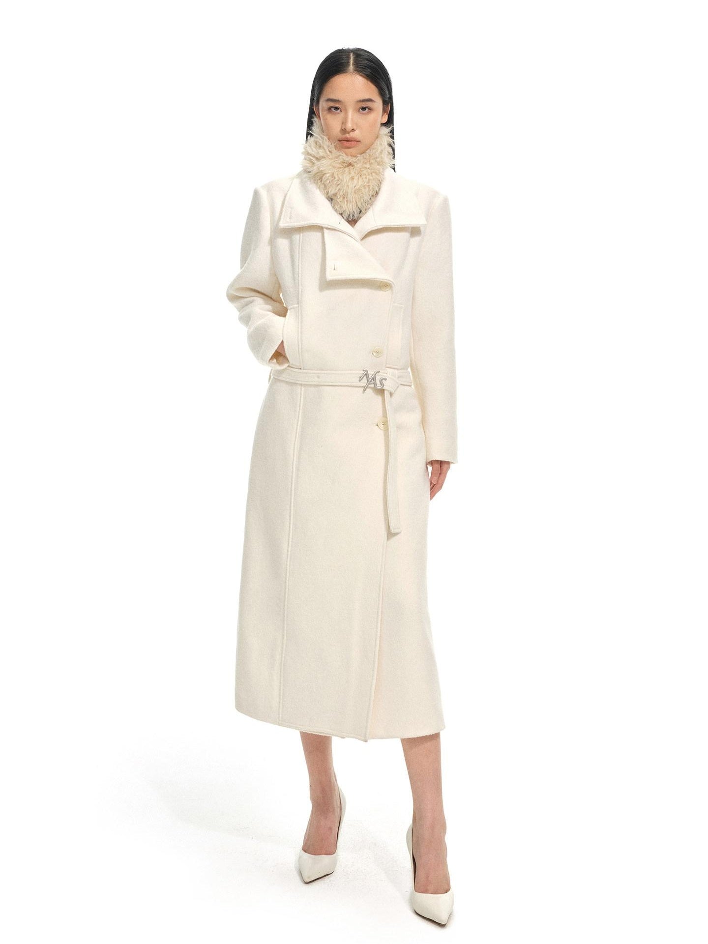 NAWSNOTAWEAR Warm Thick Long Lapel Commuter Women 60 Wool 40 Mica White Wool Coats