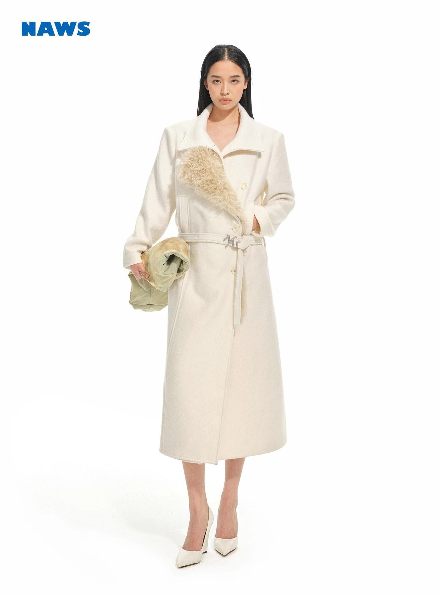 NAWSNOTAWEAR Warm Thick Long Lapel Commuter Women 60 Wool 40 Mica White Wool Coats