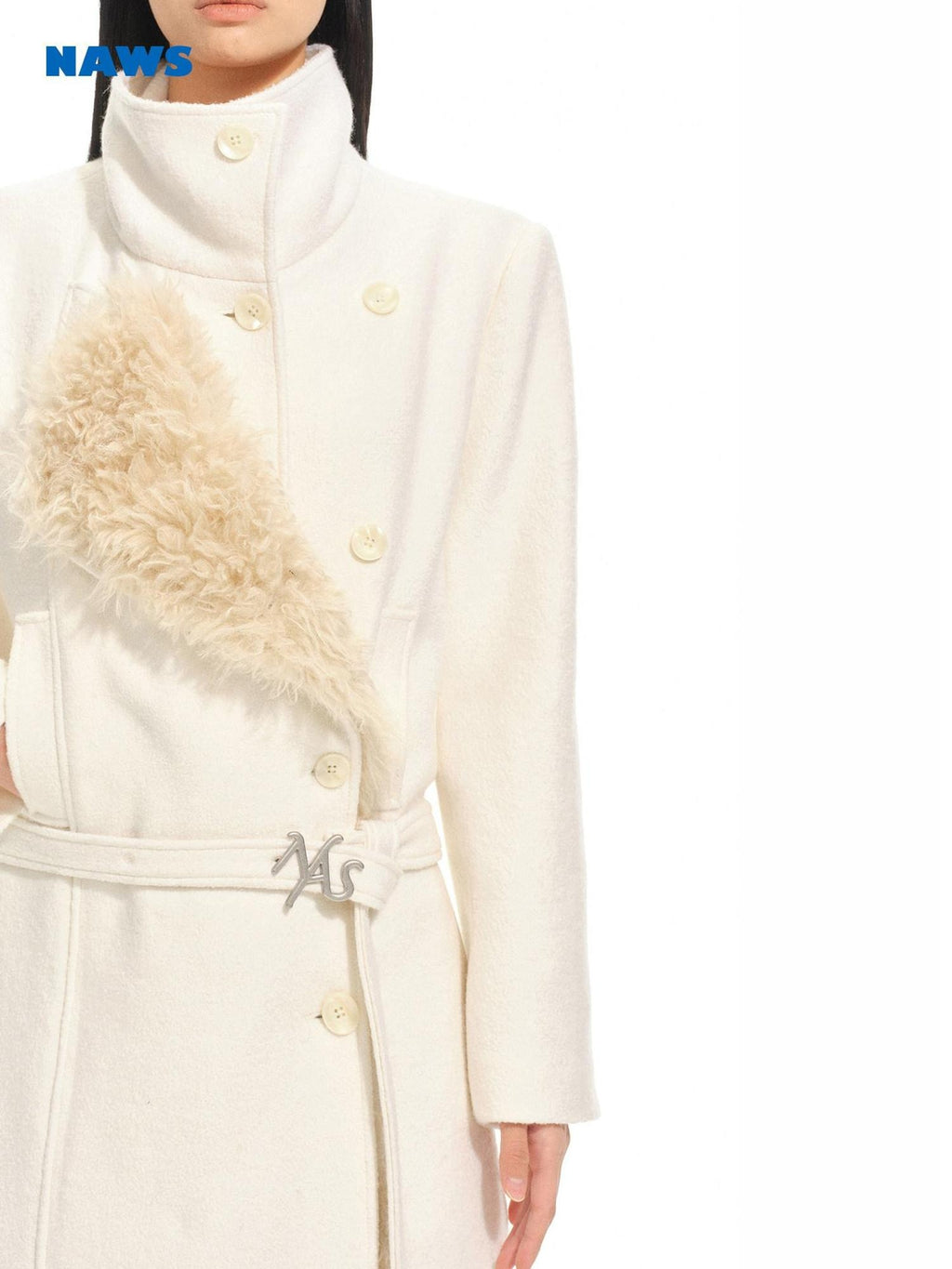 NAWSNOTAWEAR Warm Thick Long Lapel Commuter Women 60 Wool 40 Mica White Wool Coats
