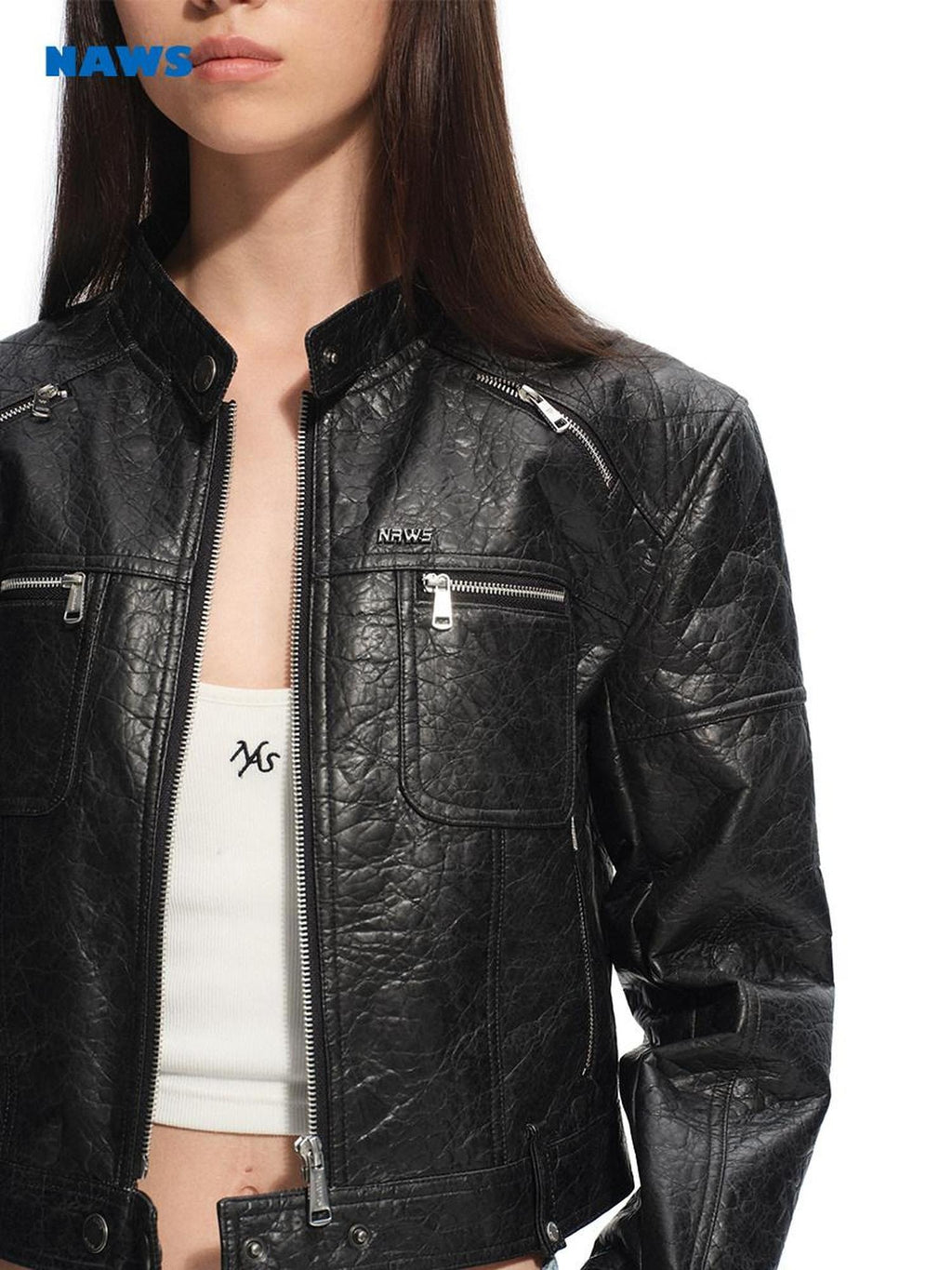 NAWSNOTAWEAR Warm Thick Pu Leather Short Zip Moto Youth Dark Night Black Leather Jackets