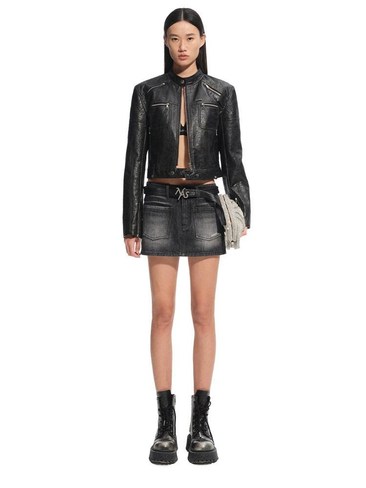 NAWSNOTAWEAR Warm Thick Pu Leather Short Zip Moto Youth Dark Night Black Leather Jackets