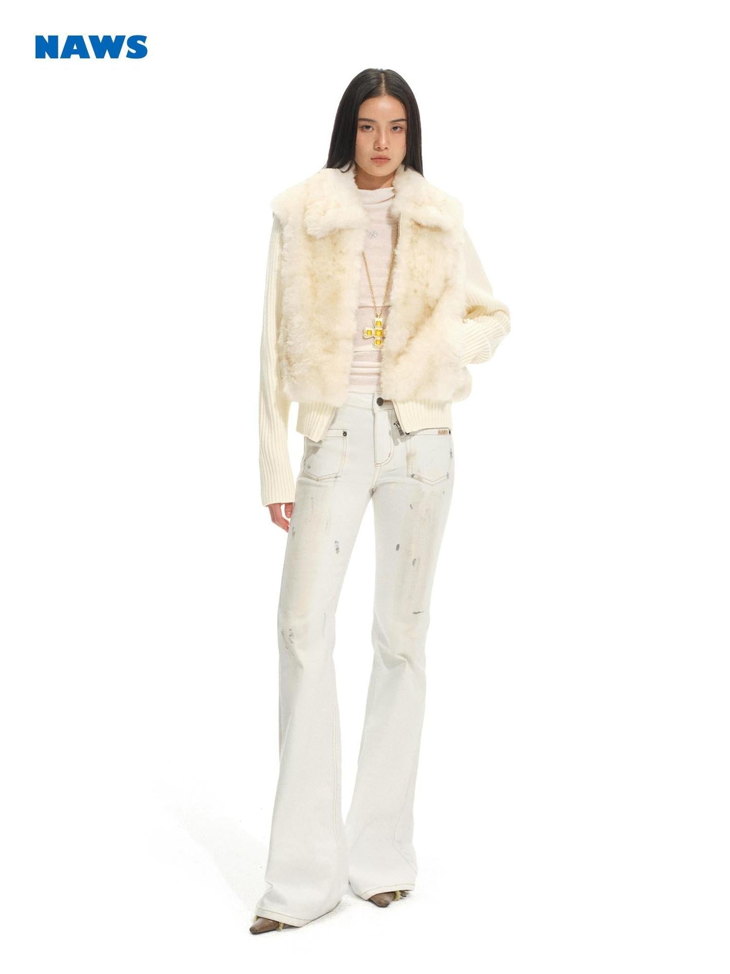 NAWSNOTAWEAR Warm Thick Vintage Loose Fit Vertical Patchwork Fur Zipper Women Short Coat