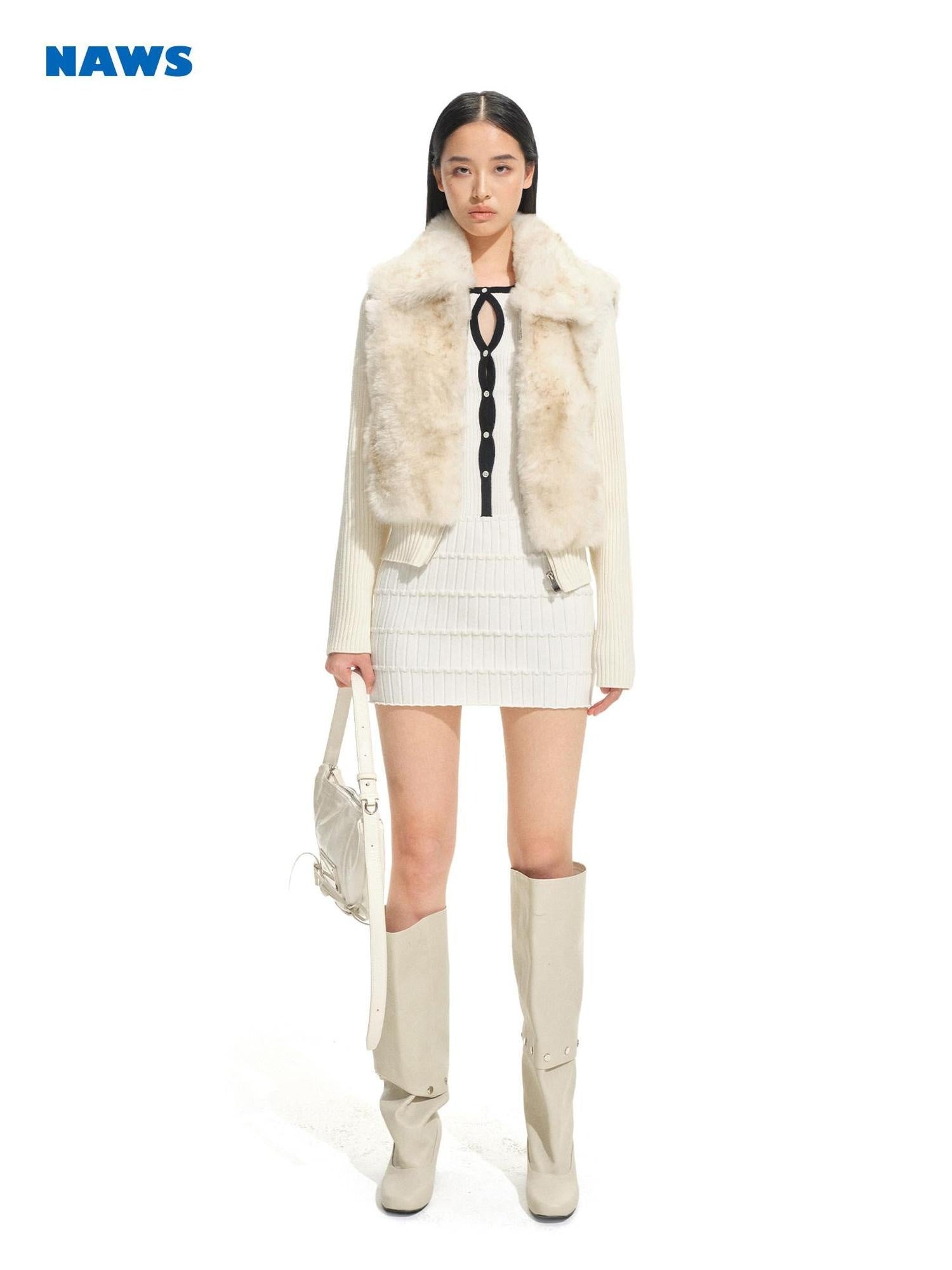 NAWSNOTAWEAR Warm Thick Vintage Loose Fit Vertical Patchwork Fur Zipper Women Short Coat
