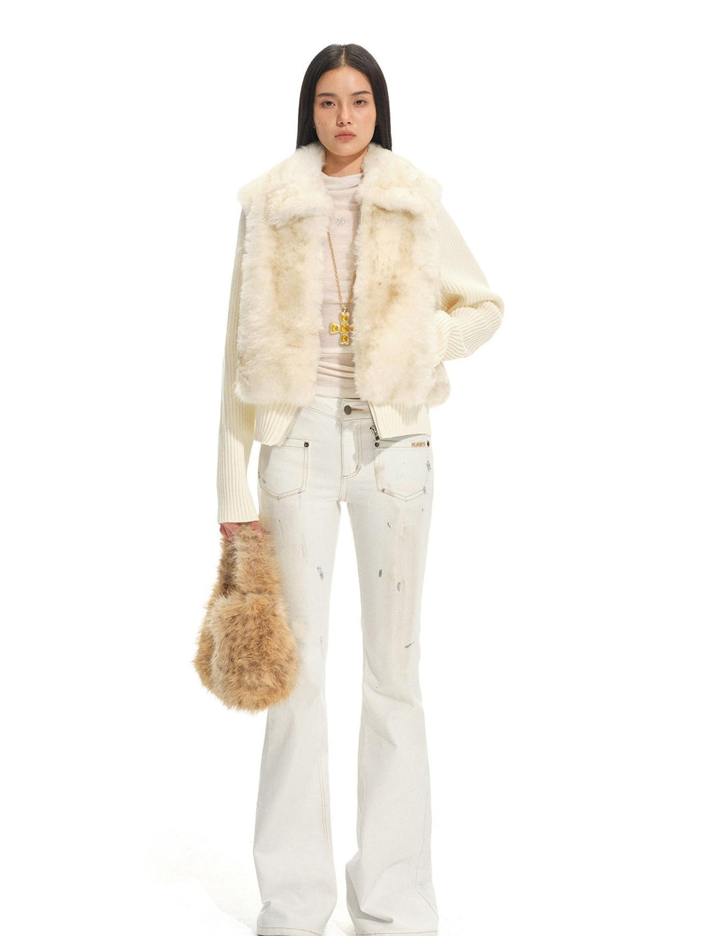 NAWSNOTAWEAR Warm Thick Vintage Loose Fit Vertical Patchwork Fur Zipper Women Short Coat