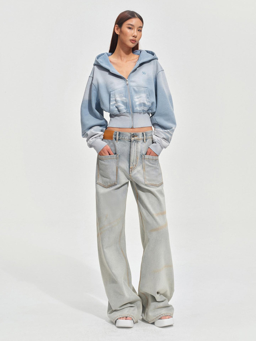 NAWSNOTAWEAR Warm Washed Slim Fit Zip Up Short Hooded Womens Ice Mist Blue Hoodie