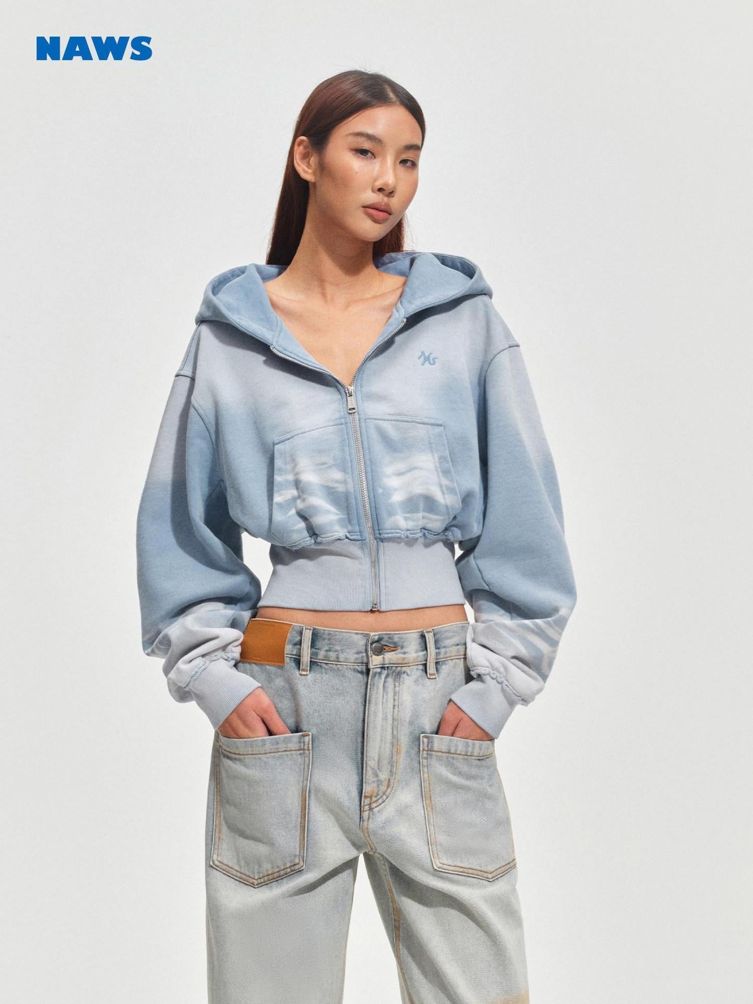 NAWSNOTAWEAR Warm Washed Slim Fit Zip Up Short Hooded Womens Ice Mist Blue Hoodie
