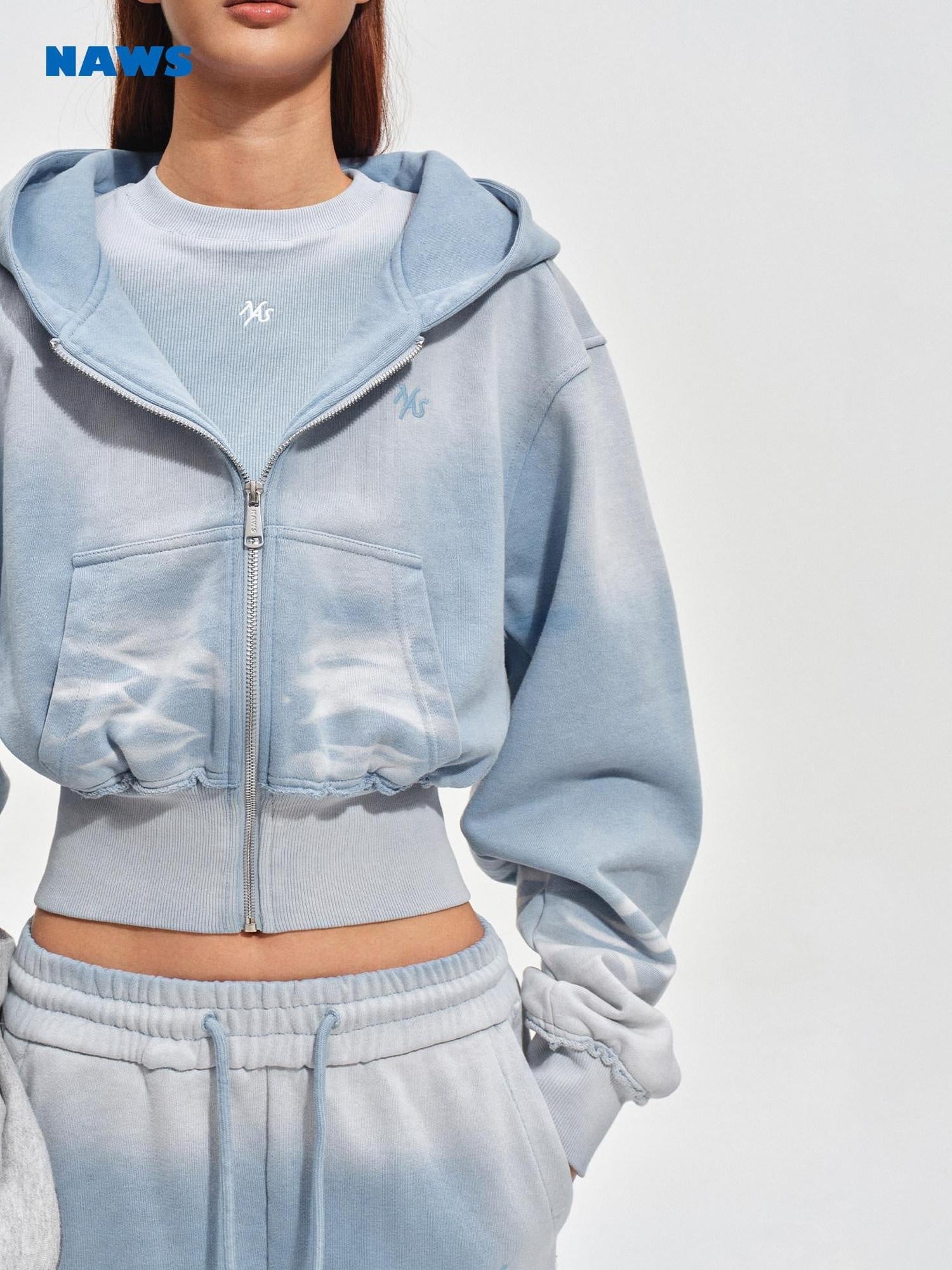 NAWSNOTAWEAR Warm Washed Slim Fit Zip Up Short Hooded Womens Ice Mist Blue Hoodie