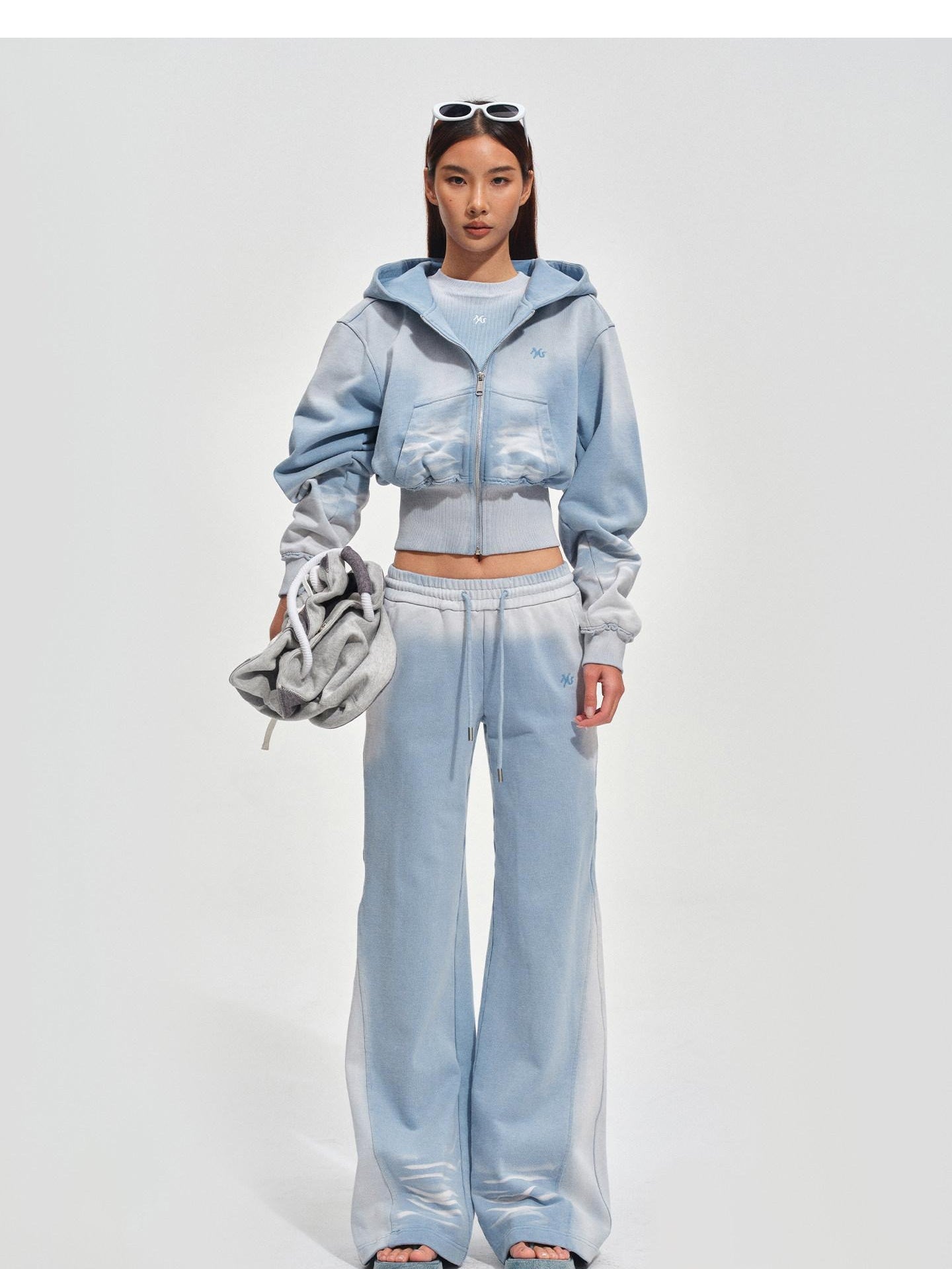 NAWSNOTAWEAR Warm Washed Slim Fit Zip Up Short Hooded Womens Ice Mist Blue Hoodie