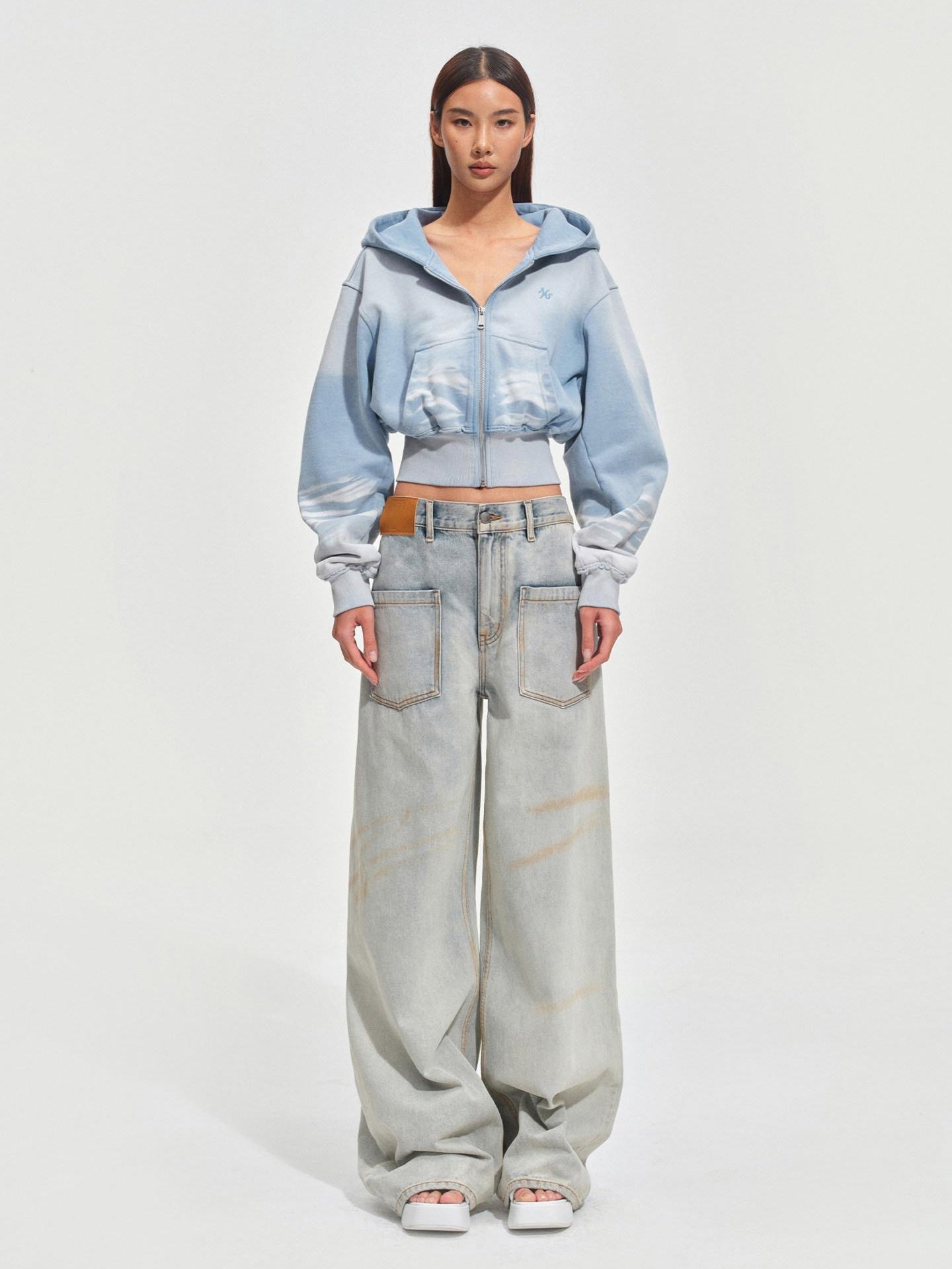NAWSNOTAWEAR Warm Washed Slim Fit Zip Up Short Hooded Womens Ice Mist Blue Hoodie
