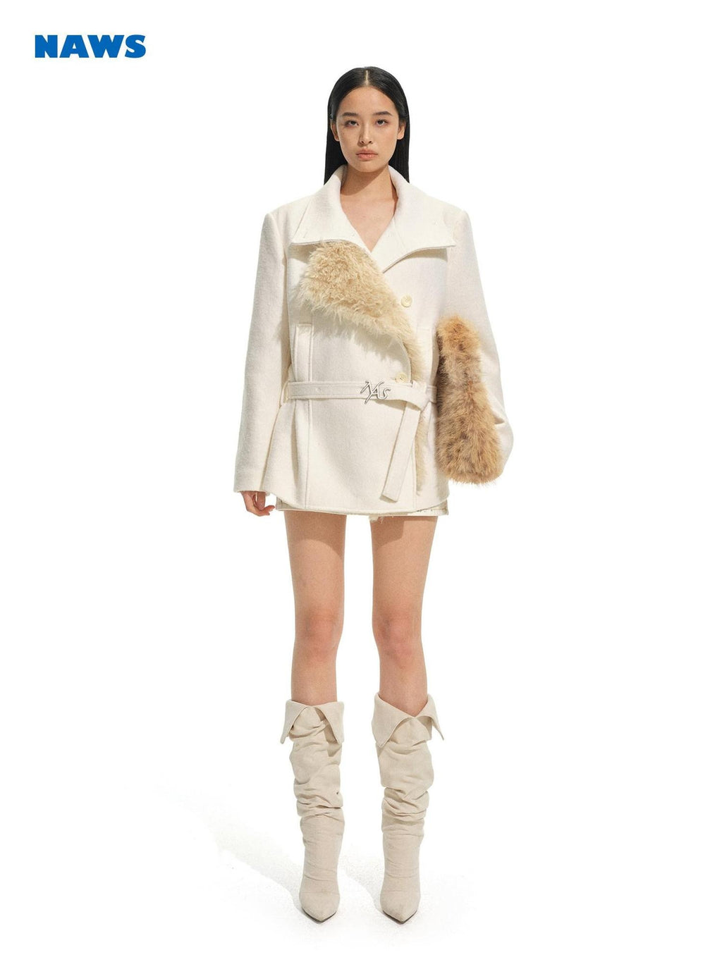 NAWSNOTAWEAR Warm Wool Blend Commuter Double Breasted Notched Lapel Women White Wool Coats