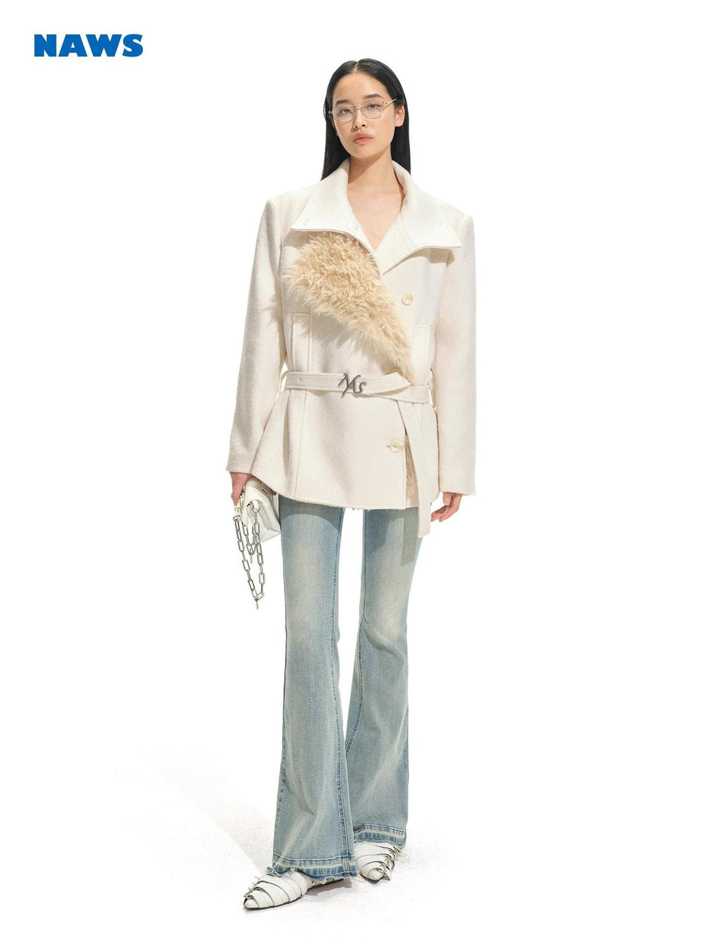 NAWSNOTAWEAR Warm Wool Blend Commuter Double Breasted Notched Lapel Women White Wool Coats