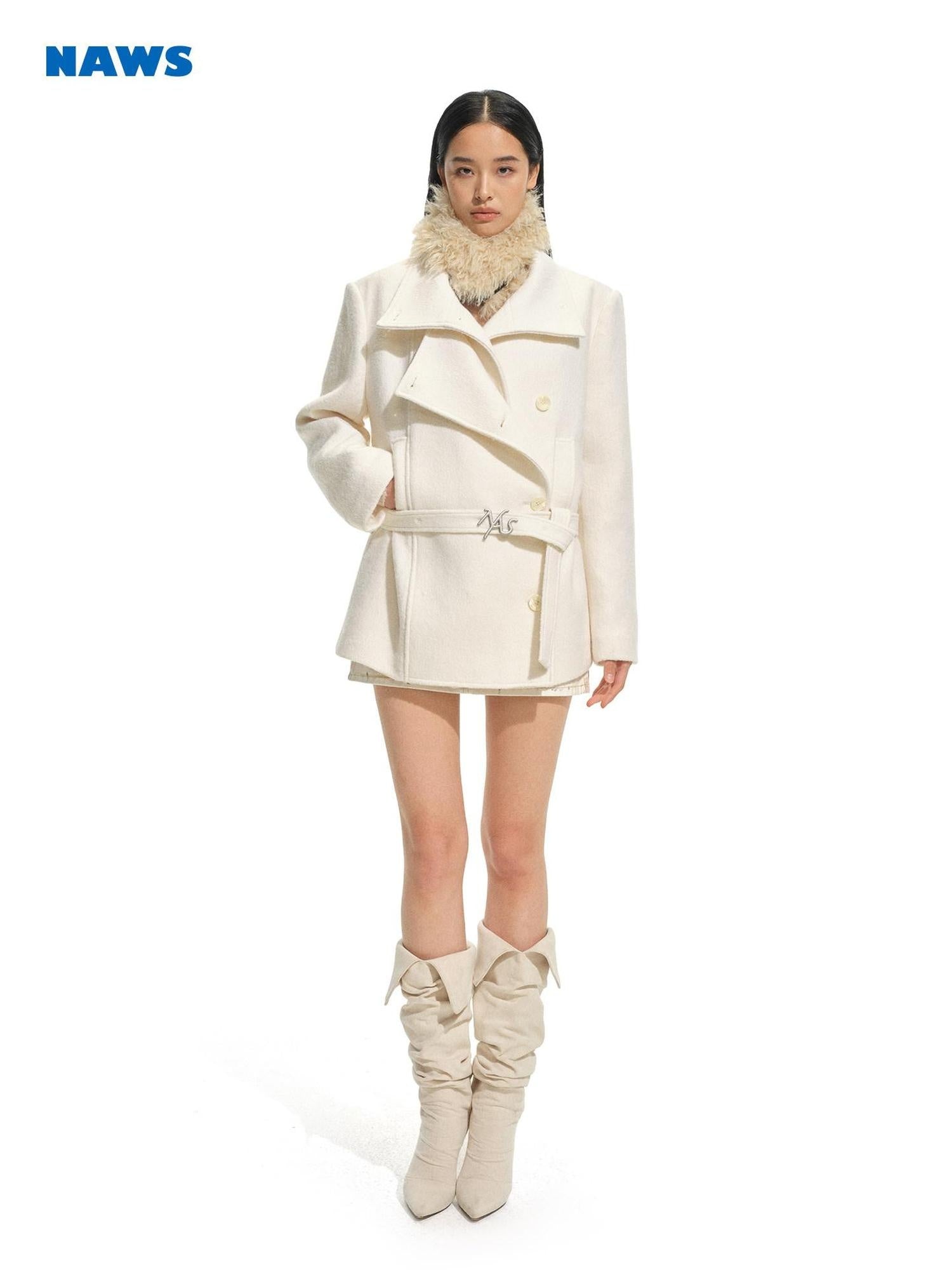 NAWSNOTAWEAR Warm Wool Blend Commuter Double Breasted Notched Lapel Women White Wool Coats