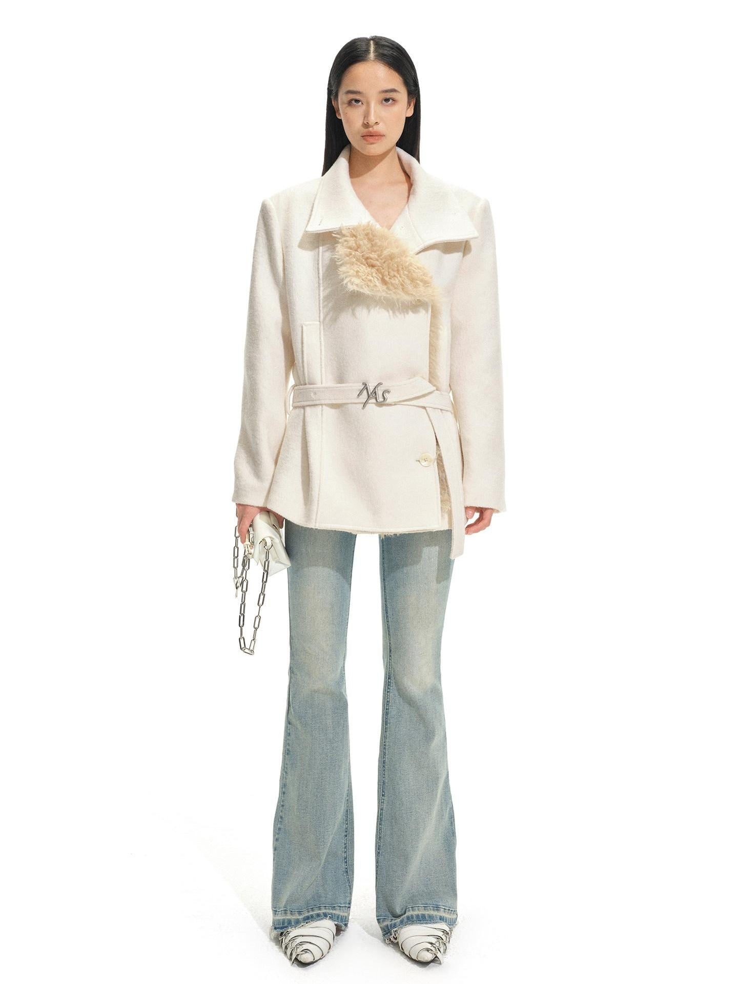NAWSNOTAWEAR Warm Wool Blend Commuter Double Breasted Notched Lapel Women White Wool Coats