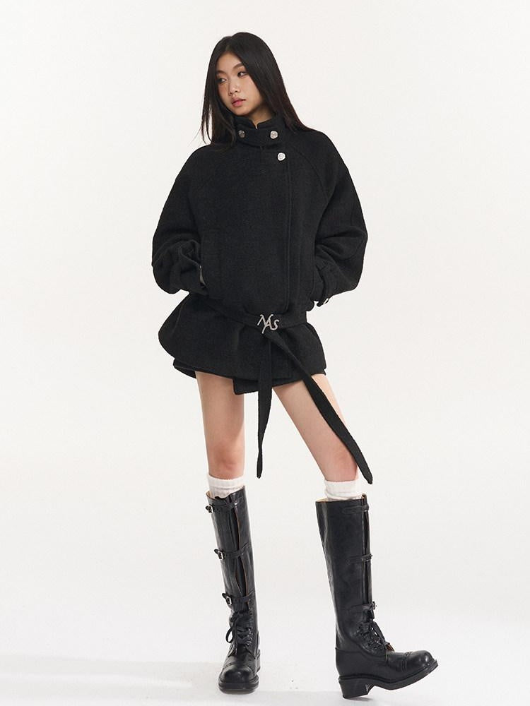 NAWSNOTAWEAR Warm Wool Blend Commuter Raglan Stand Collar Women Solid Wool Coats