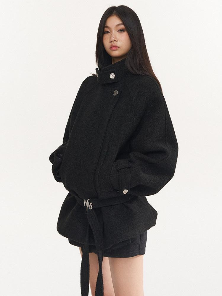 NAWSNOTAWEAR Warm Wool Blend Commuter Raglan Stand Collar Women Solid Wool Coats