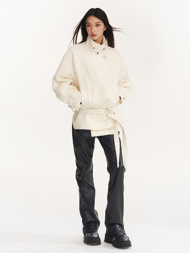 NAWSNOTAWEAR Warm Wool Blend Commuter Raglan Stand Collar Women Solid Wool Coats