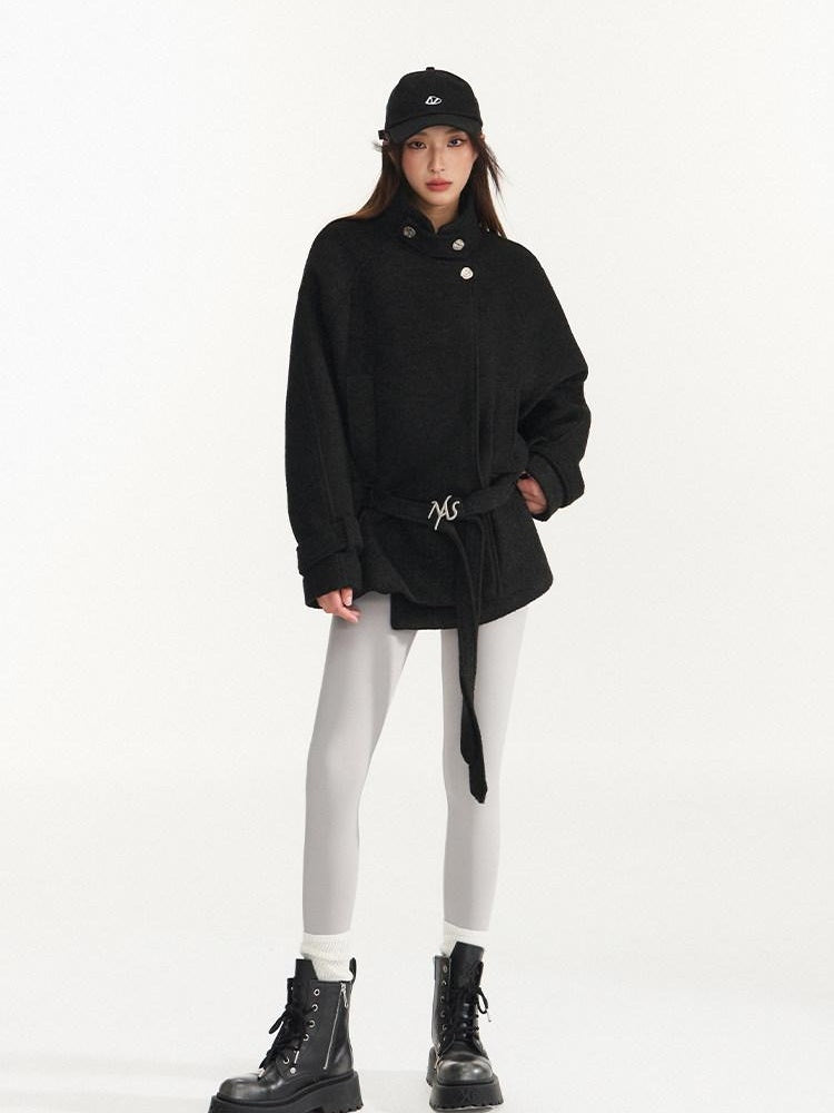 NAWSNOTAWEAR Warm Wool Blend Commuter Raglan Stand Collar Women Solid Wool Coats