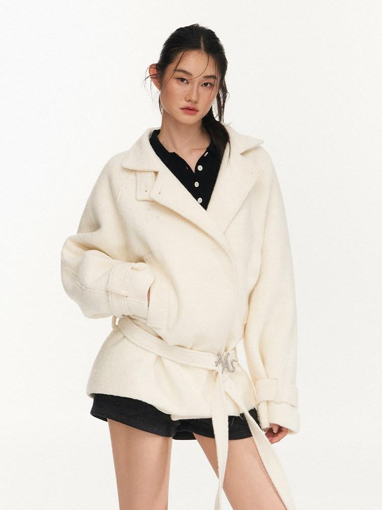 NAWSNOTAWEAR Warm Wool Blend Commuter Raglan Stand Collar Women Solid Wool Coats