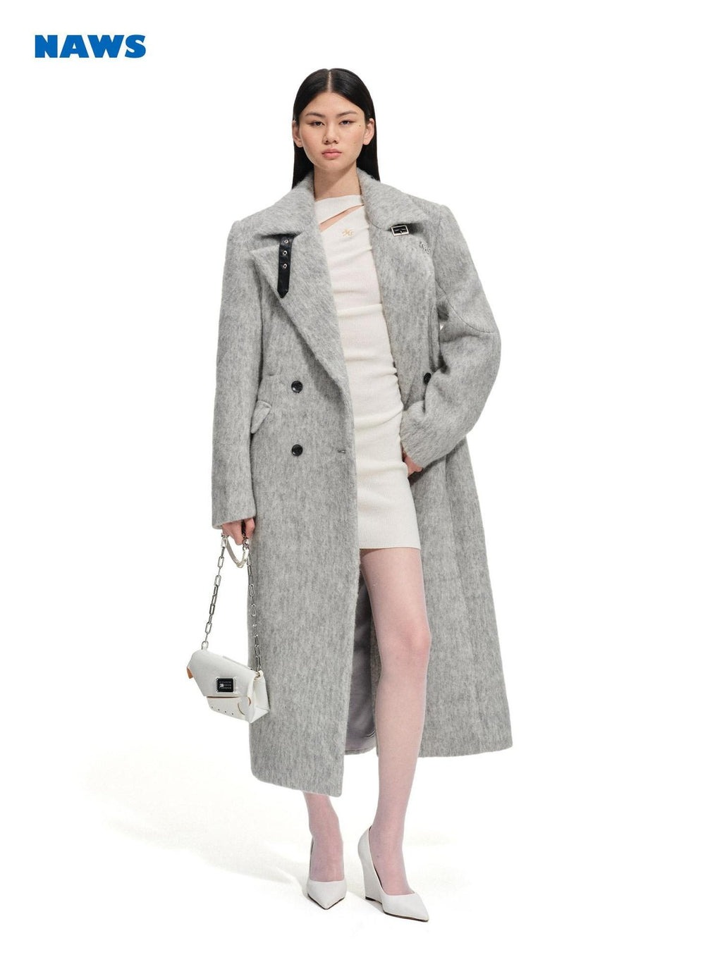 NAWSNOTAWEAR Warm Wool Blend Longline Lapel Casual Coat For Young Women Smoky Gray Wool Coats