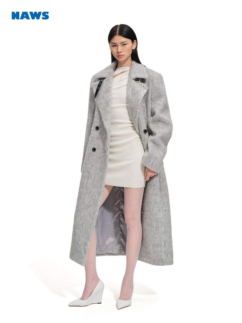 NAWSNOTAWEAR Warm Wool Blend Longline Lapel Casual Coat For Young Women Smoky Gray Wool Coats