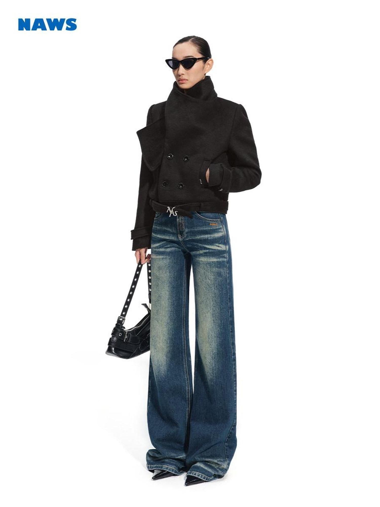 NAWSNOTAWEAR Warm Wool Blend Short Stand Collar Straight Fit Commuter Women Wool Coats
