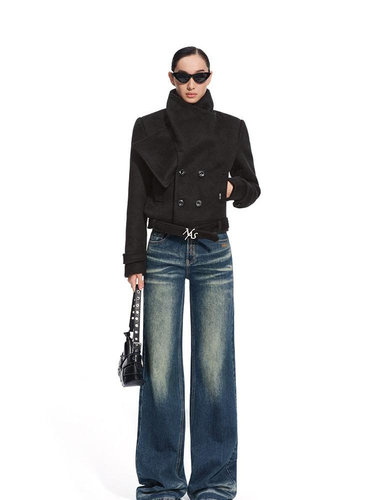 NAWSNOTAWEAR Warm Wool Blend Short Stand Collar Straight Fit Commuter Women Wool Coats