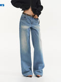 NAWSNOTAWEAR Washed Blue Low Waist Leisure Denim Zipper Fly Classic Fit Straight Leg Jeans