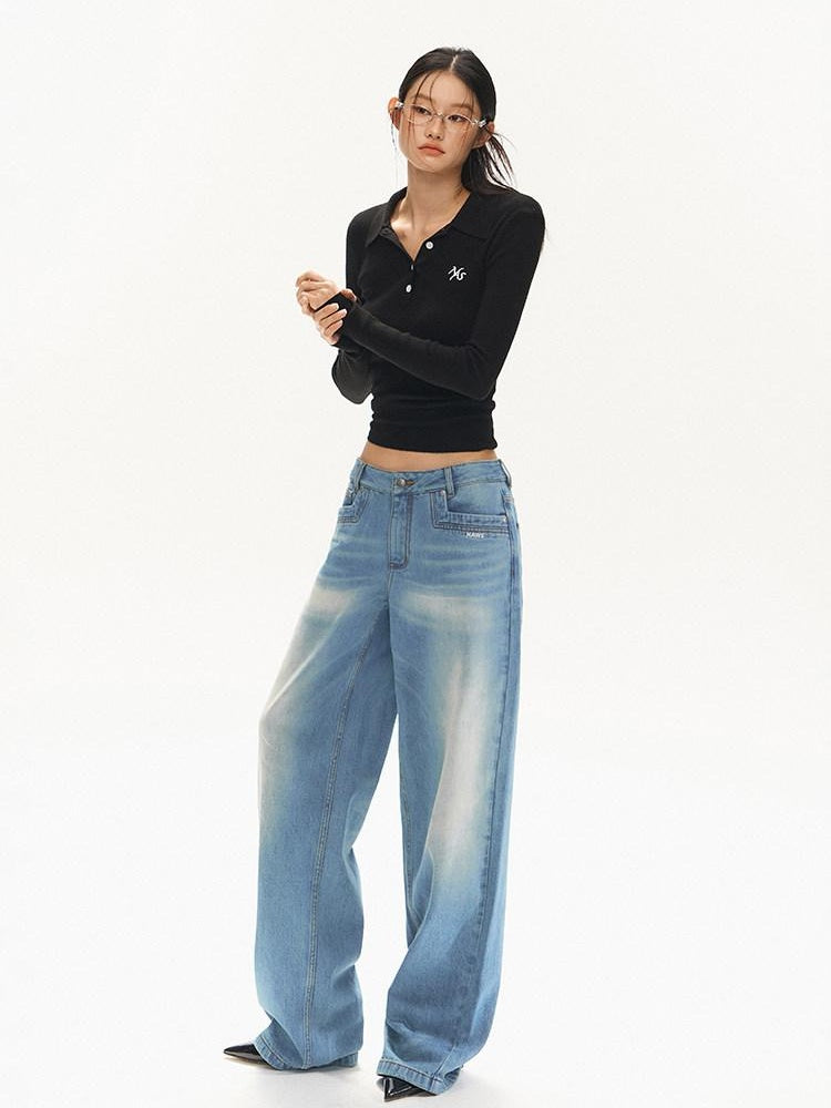 NAWSNOTAWEAR Washed Blue Low Waist Leisure Denim Zipper Fly Classic Fit Straight Leg Jeans