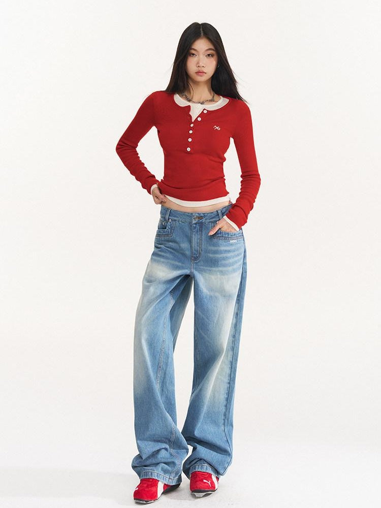 NAWSNOTAWEAR Washed Blue Low Waist Leisure Denim Zipper Fly Classic Fit Straight Leg Jeans