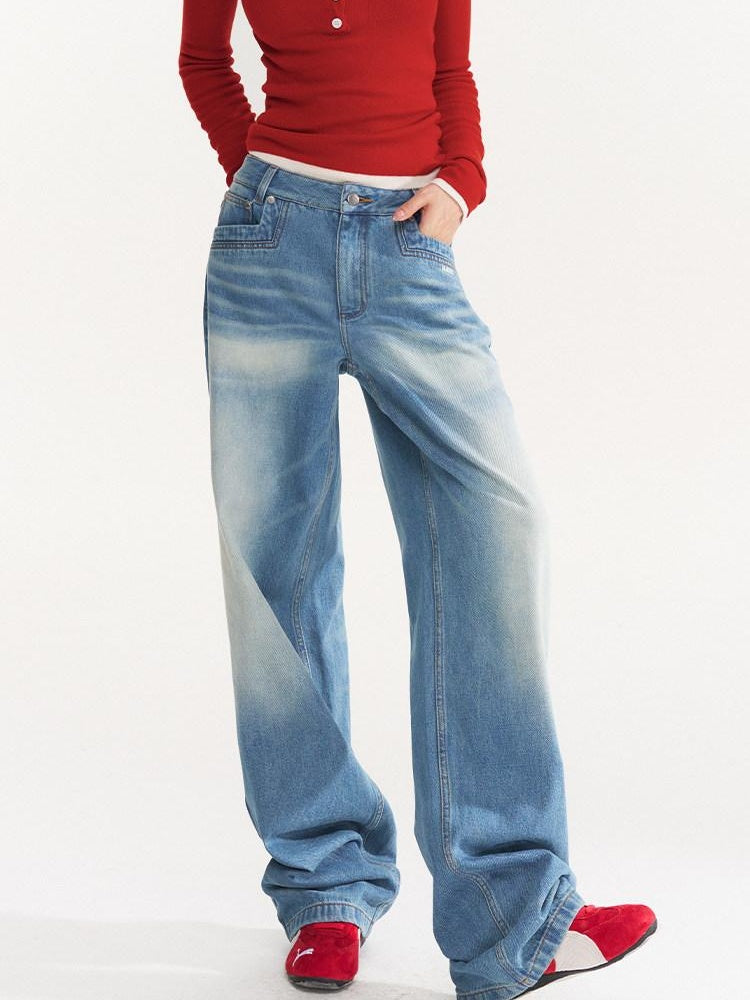 NAWSNOTAWEAR Washed Blue Low Waist Leisure Denim Zipper Fly Classic Fit Straight Leg Jeans