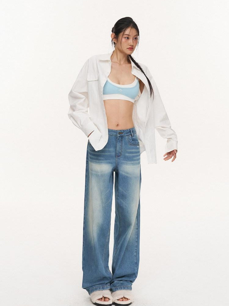 NAWSNOTAWEAR Washed Blue Low Waist Leisure Denim Zipper Fly Classic Fit Straight Leg Jeans