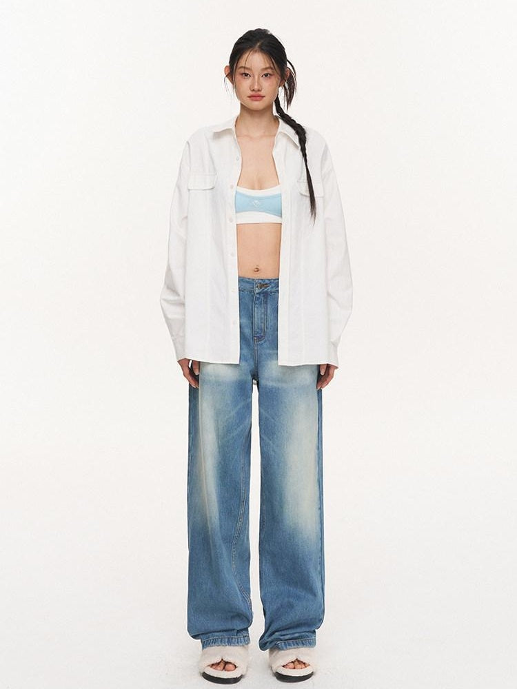 NAWSNOTAWEAR Washed Blue Low Waist Leisure Denim Zipper Fly Classic Fit Straight Leg Jeans
