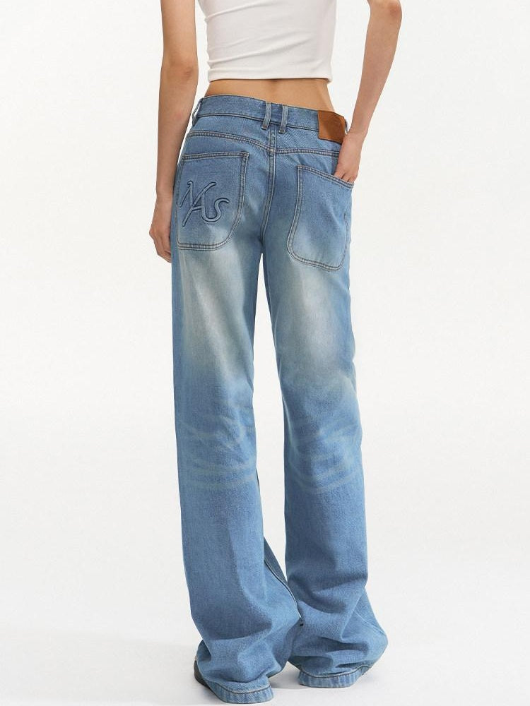 NAWSNOTAWEAR Washed Blue Low Waist Leisure Denim Zipper Fly Classic Fit Straight Leg Jeans