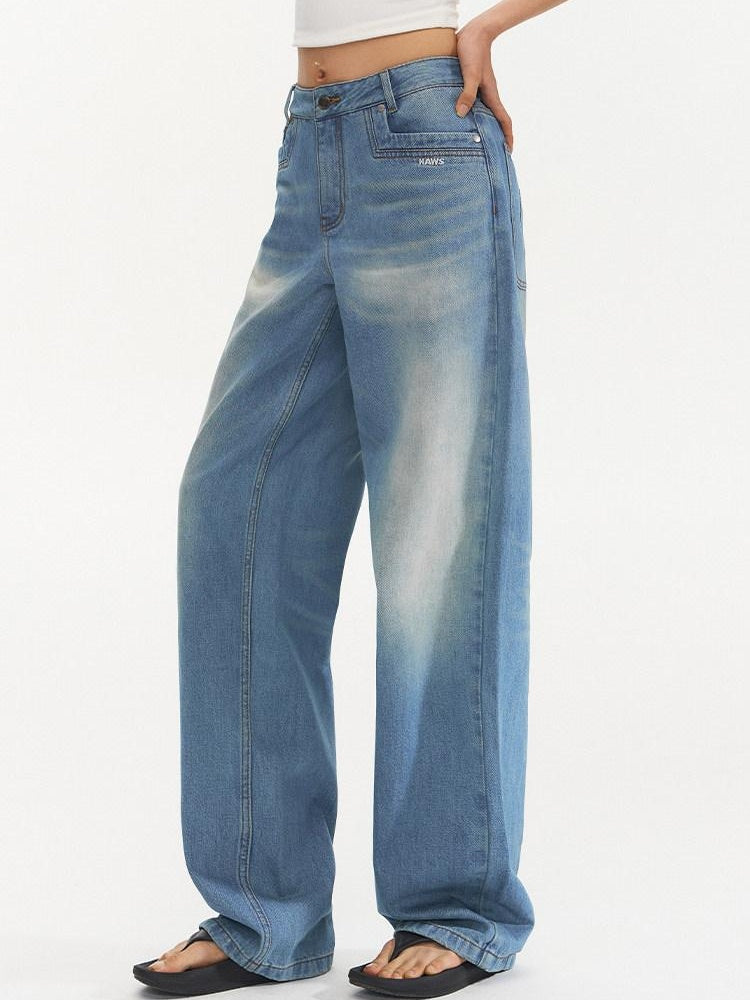 NAWSNOTAWEAR Washed Blue Low Waist Leisure Denim Zipper Fly Classic Fit Straight Leg Jeans