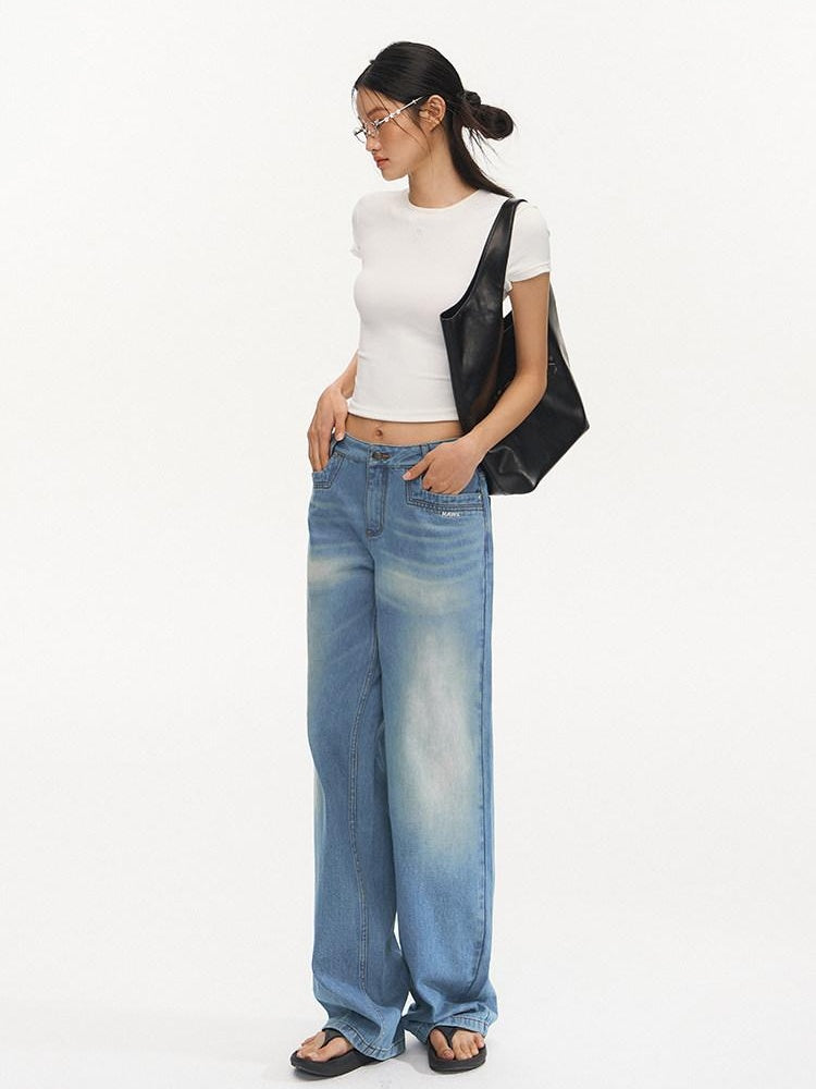 NAWSNOTAWEAR Washed Blue Low Waist Leisure Denim Zipper Fly Classic Fit Straight Leg Jeans