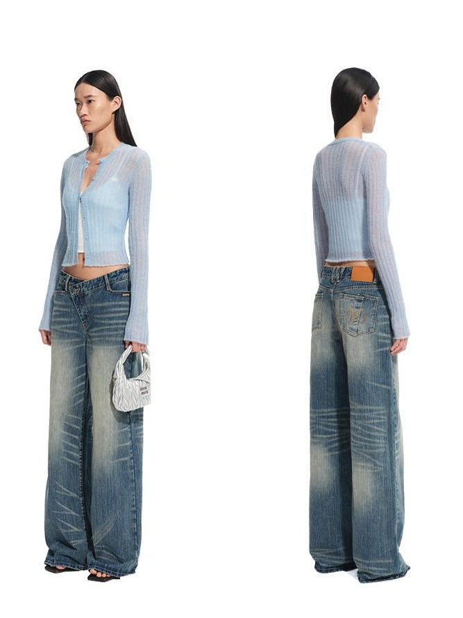NAWSNOTAWEAR Washed Cotton Casual Low Rise Loose Fit Zipper Women Iris Blue Wide Leg Jeans