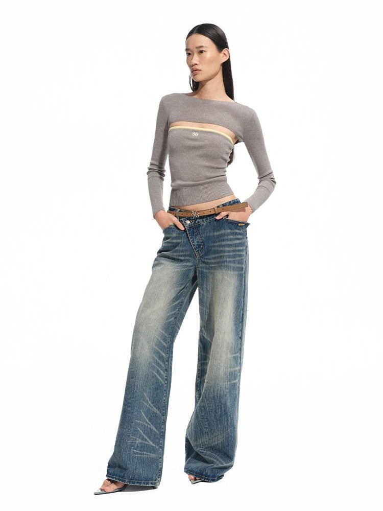 NAWSNOTAWEAR Washed Cotton Casual Low Rise Loose Fit Zipper Women Iris Blue Wide Leg Jeans