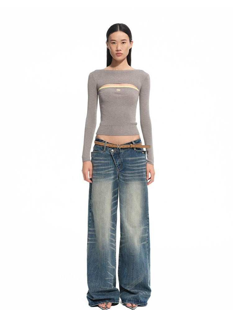 NAWSNOTAWEAR Washed Cotton Casual Low Rise Loose Fit Zipper Women Iris Blue Wide Leg Jeans