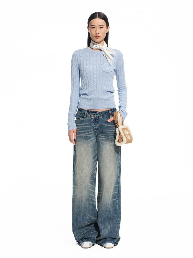 NAWSNOTAWEAR Washed Cotton Casual Low Rise Loose Fit Zipper Women Iris Blue Wide Leg Jeans