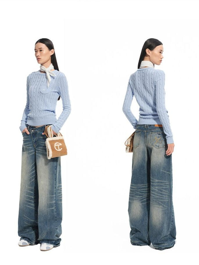 NAWSNOTAWEAR Washed Cotton Casual Low Rise Loose Fit Zipper Women Iris Blue Wide Leg Jeans
