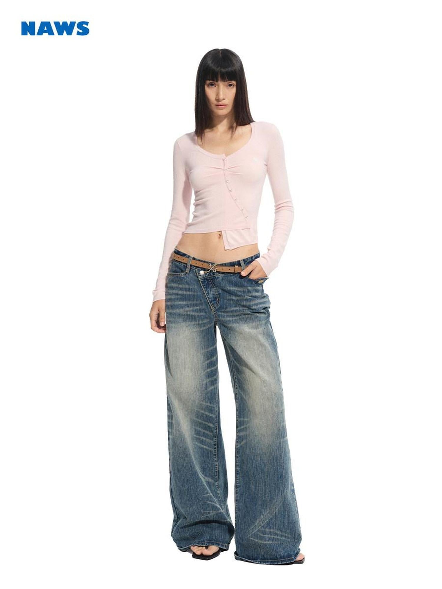 NAWSNOTAWEAR Washed Cotton Casual Low Rise Loose Fit Zipper Women Iris Blue Wide Leg Jeans