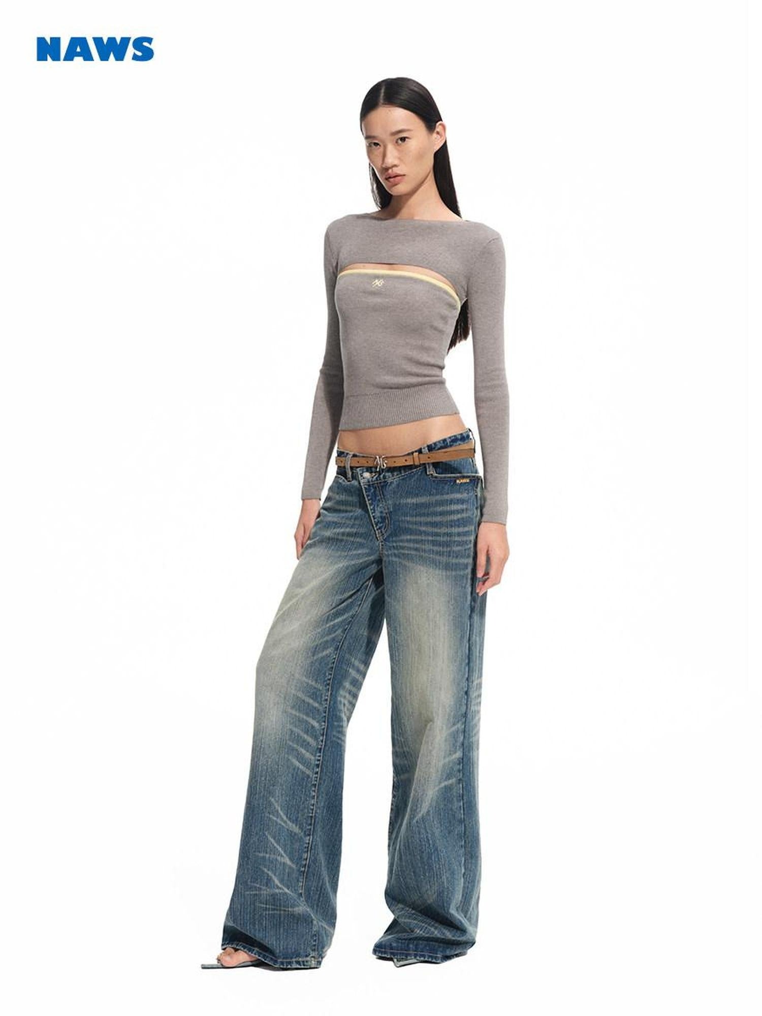 NAWSNOTAWEAR Washed Cotton Casual Low Rise Loose Fit Zipper Women Iris Blue Wide Leg Jeans