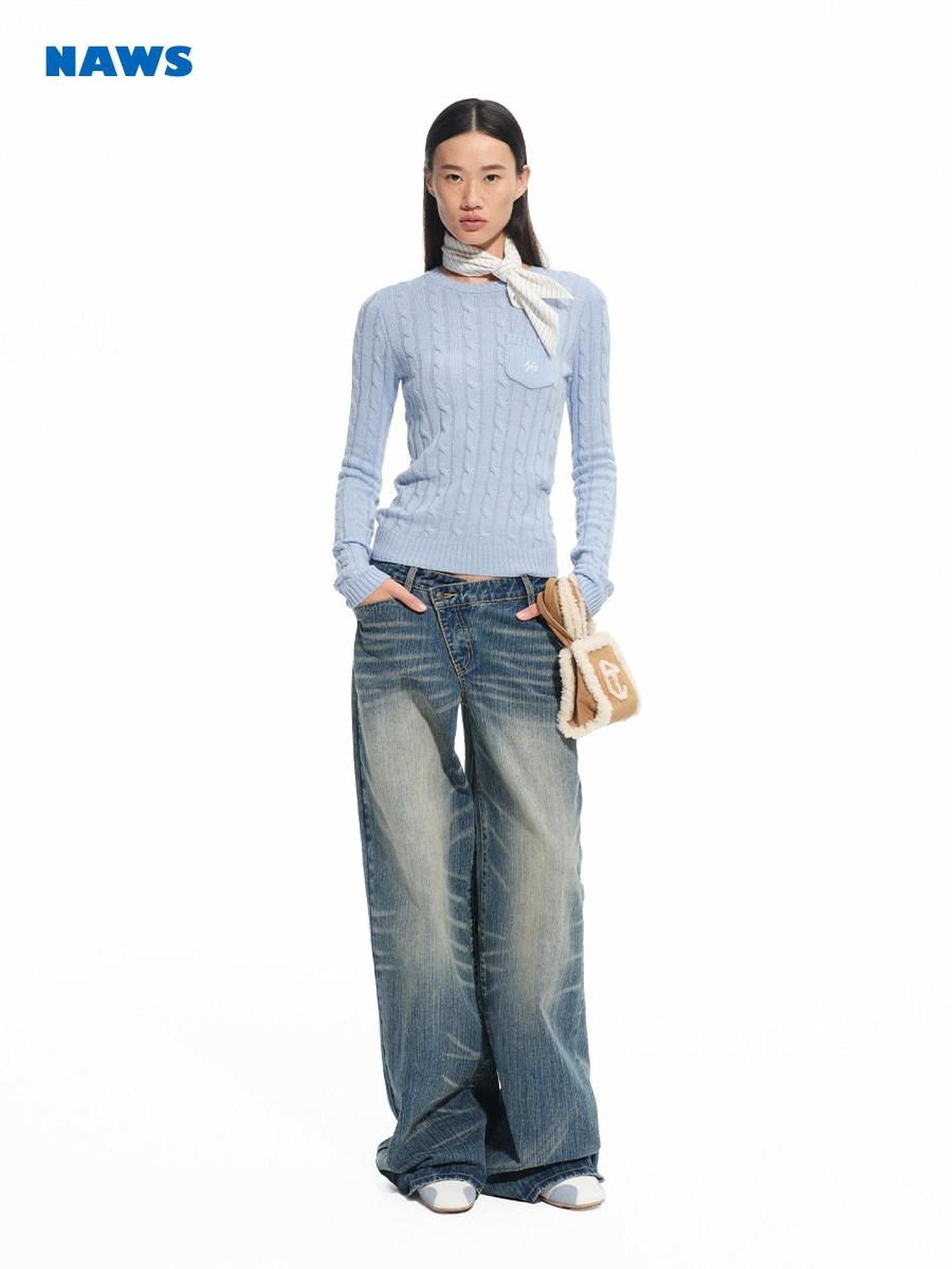 NAWSNOTAWEAR Washed Cotton Casual Low Rise Loose Fit Zipper Women Iris Blue Wide Leg Jeans