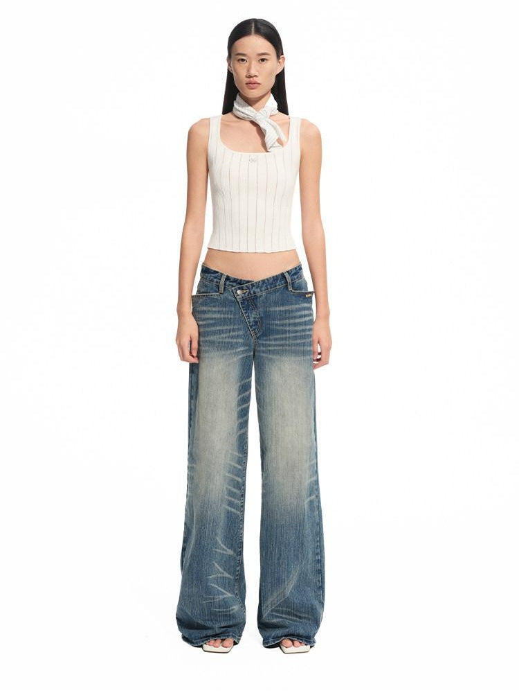 NAWSNOTAWEAR Washed Cotton Casual Low Rise Loose Fit Zipper Women Iris Blue Wide Leg Jeans