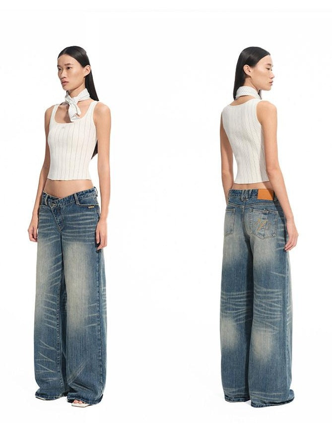 NAWSNOTAWEAR Washed Cotton Casual Low Rise Loose Fit Zipper Women Iris Blue Wide Leg Jeans