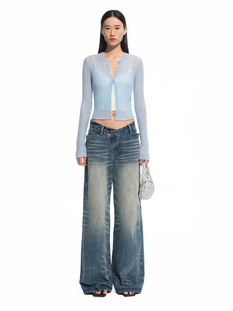 NAWSNOTAWEAR Washed Cotton Casual Low Rise Loose Fit Zipper Women Iris Blue Wide Leg Jeans